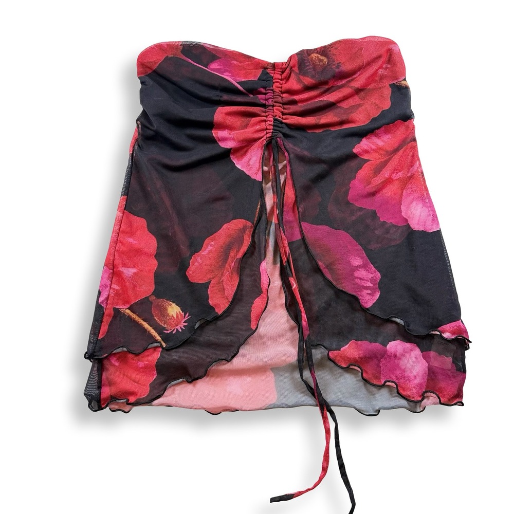 Mesh Tube Top Red Floral Poppy Ruched Split Hem Y2K Medium